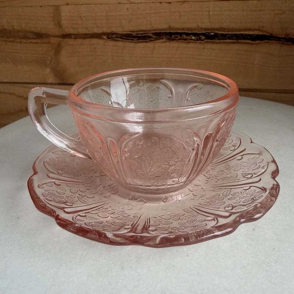 Vtg Jeannette Glass Co. Pink Cherry Blossom Cup/Saucer Set Depression Glass EUC